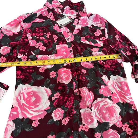 New York & Company Floral Pink Burgundy Roll Tab Sleeve Floral Button Down XL - Picture 10 of 17